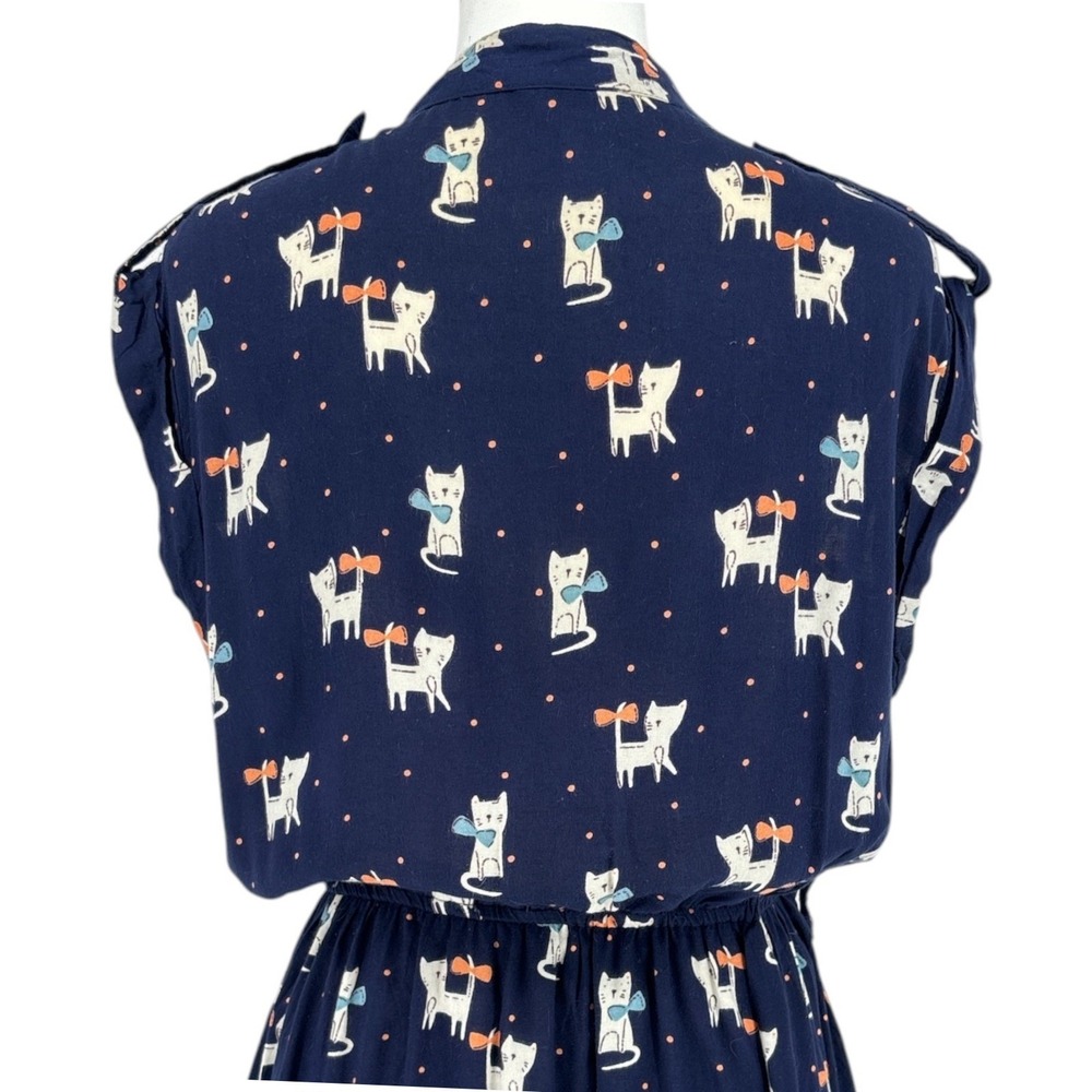 Angie Navy Blue Cat Print Dress Large Sleeveless Button Front Indie Cottage Twee - Picture 7 of 7